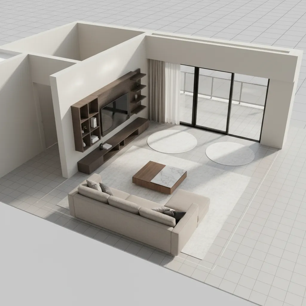 Plano 3D de un salón con diferentes distribuciones de muebles