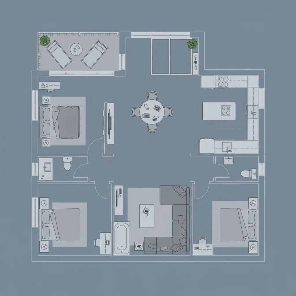 Plano digital de vivienda con distribución de muebles