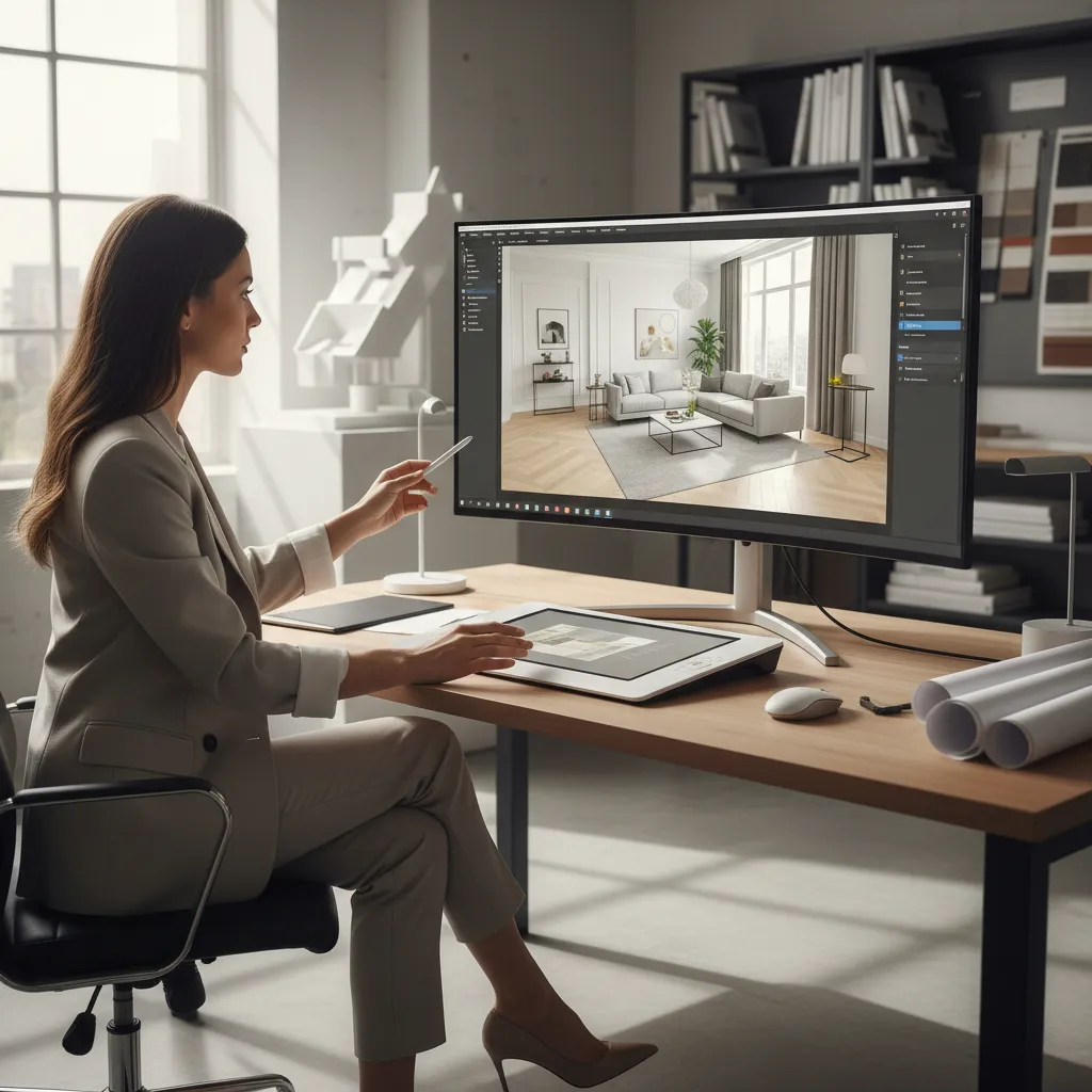 Female designer at desk creating modern living room interior design drawing on large computer screen