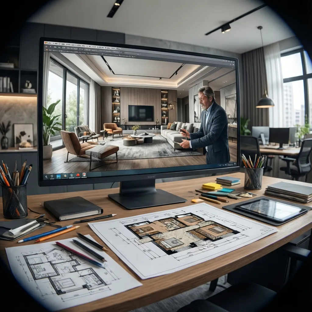 Diseñador revisando la distribución de una vivienda en pantalla grande