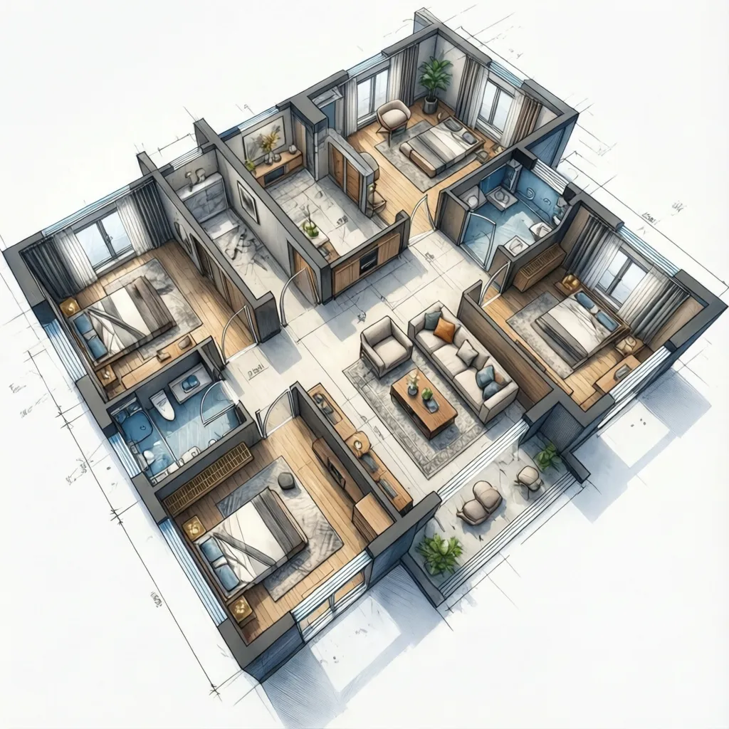 Plano 2D detallado con muebles y circulación marcada