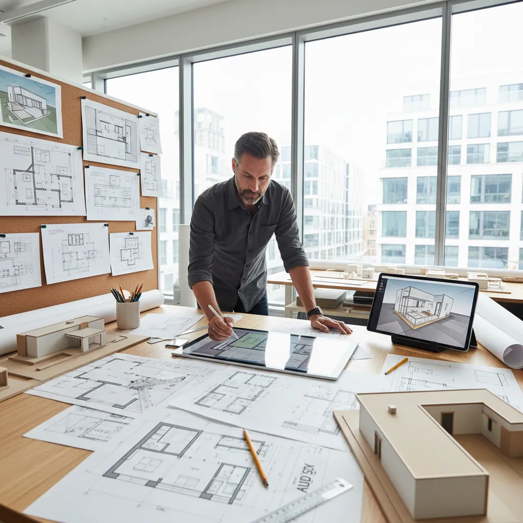 Arquitecto revisando diferentes opciones de distribución en un plano