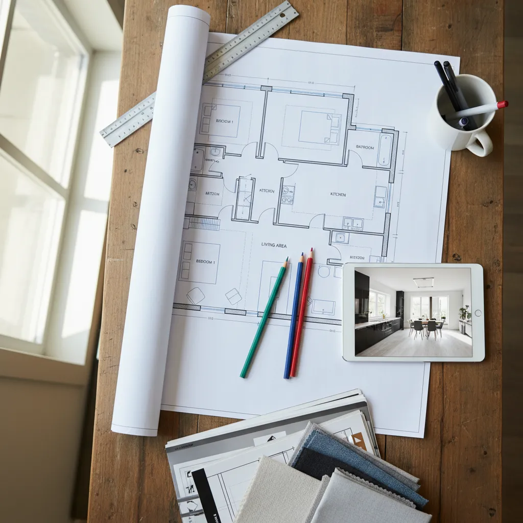 planos de distribución y diseño de vivienda sobre mesa de trabajo