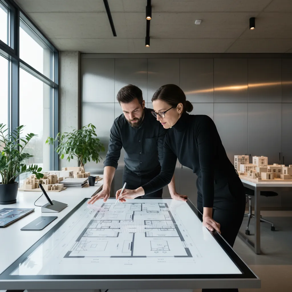 Diseñador revisando distribución de habitaciones en un plano digital