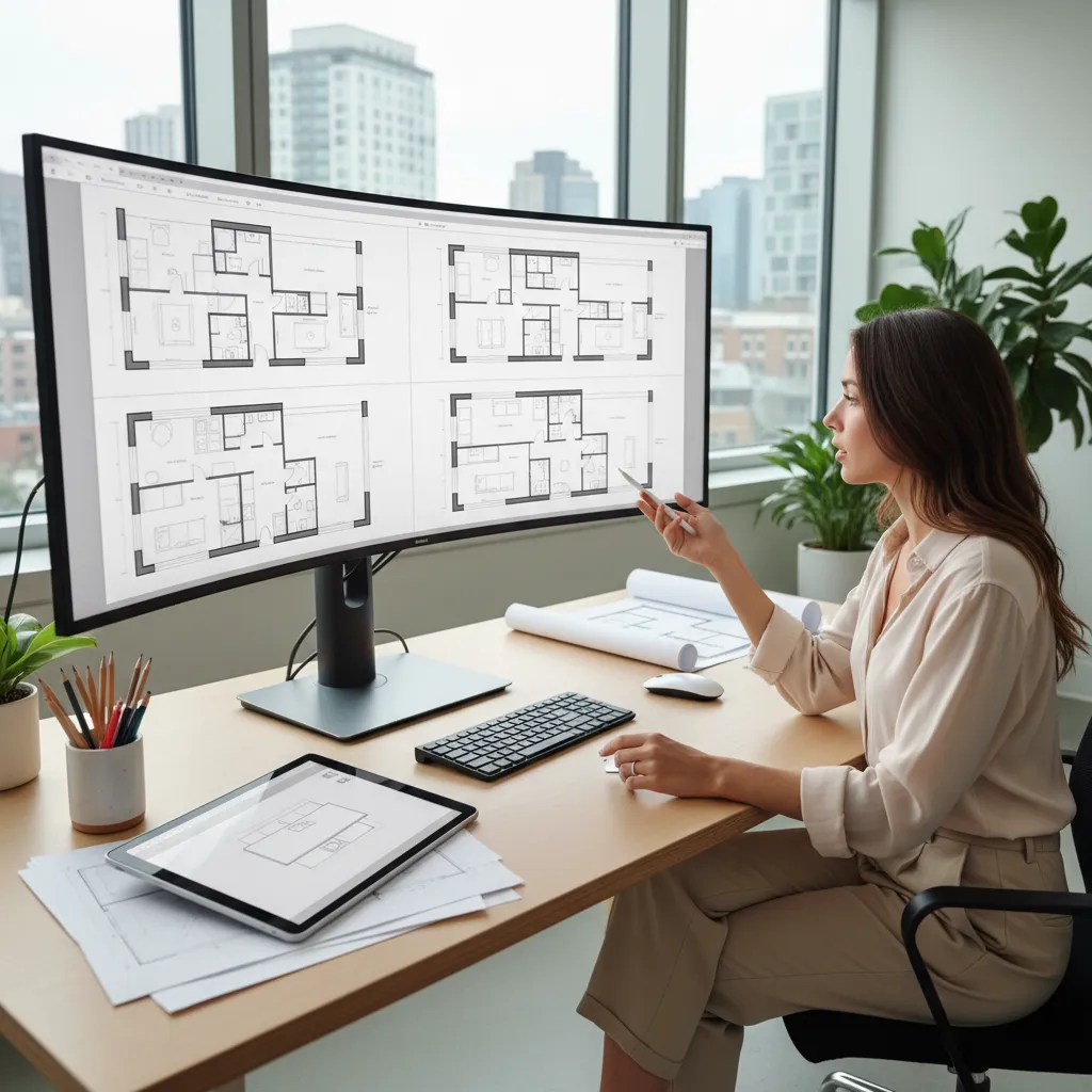 Diseñador probando diferentes distribuciones de una vivienda en software de planificación