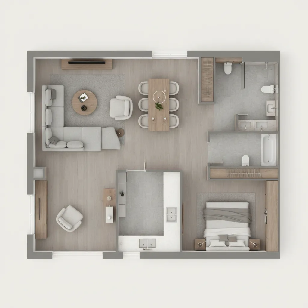 Plano de distribución de vivienda con mobiliario