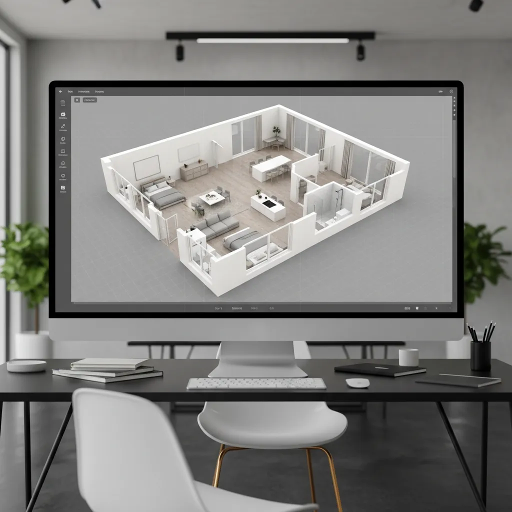 Coohom 3D floor plan editor displaying a fully furnished modern apartment layout on a monitor