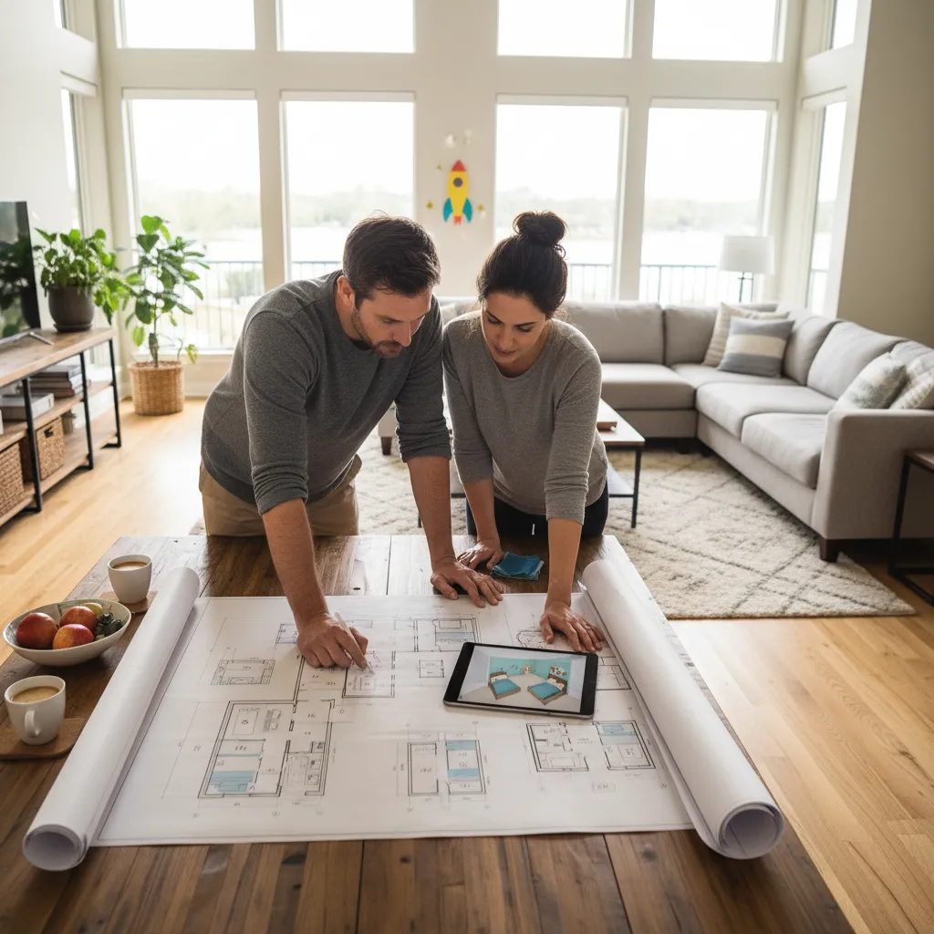 Couple looking at interior design drawing on table while using tablet showing a 3D bedroom
