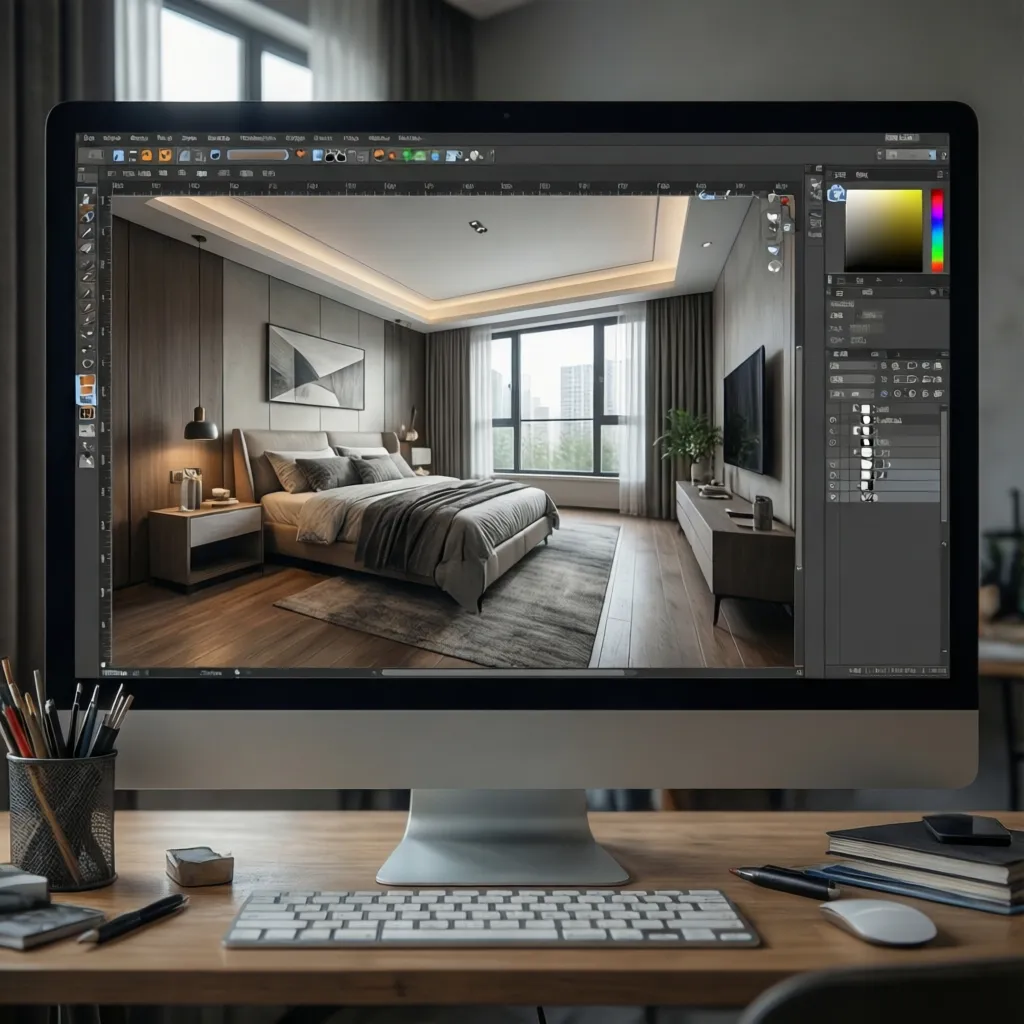 Plano digital de distribución de dormitorio en software de diseño