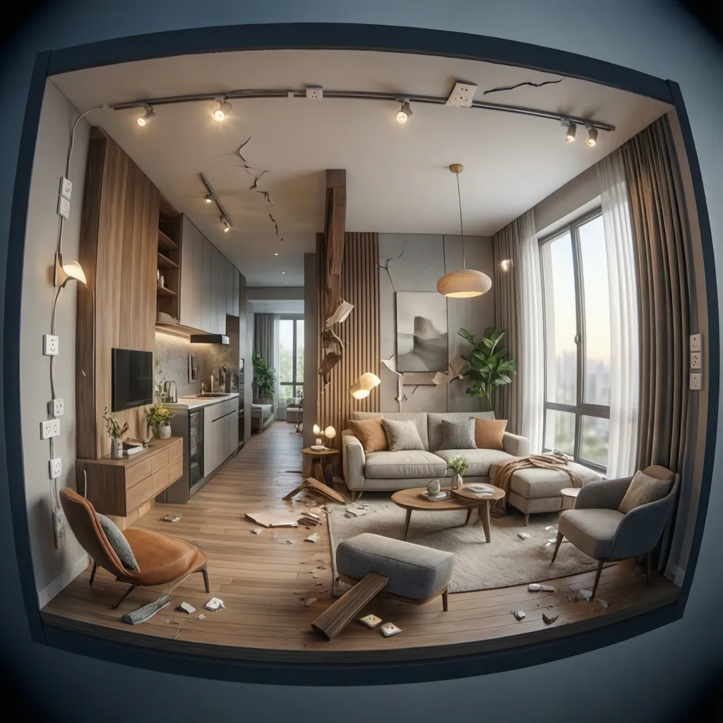 Modelo 3D de una casa mostrando ubicación de enchufes y luces