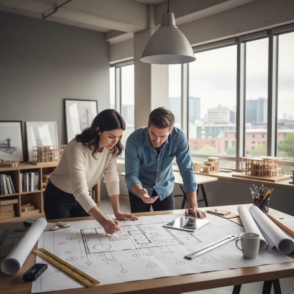 Man and woman working together on a large interior design drawing placed on wooden table