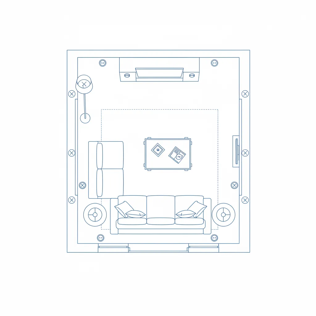 Diseño de enchufes y puntos de luz en el plano de un salón moderno