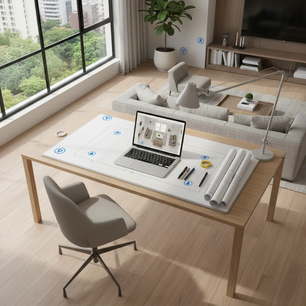 Plano de salón mostrando ubicación planificada de enchufes y luces