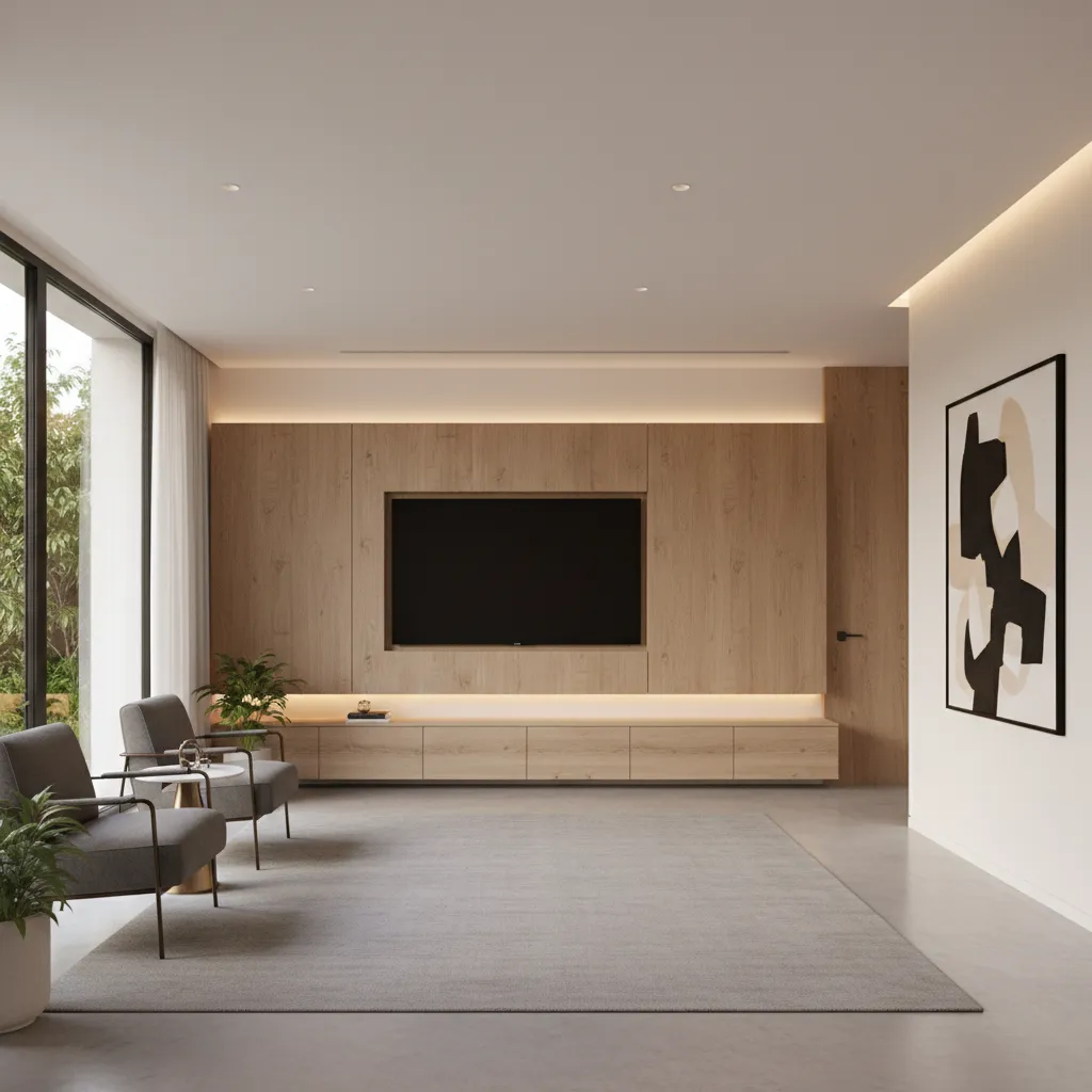 Diseño de enchufes detrás de un mueble de televisión en un salón moderno