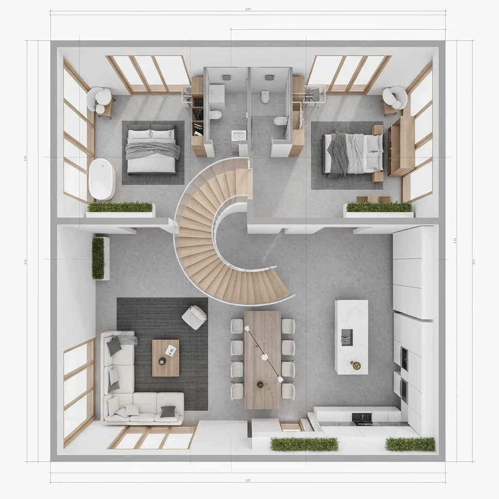 Visualización 3D de planificación de escalera dentro de plano de vivienda