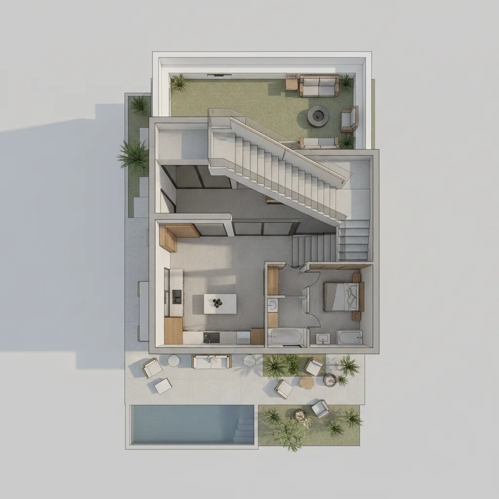 Interior design drawing showing top view of house with bedroom kitchen stairs and outdoor terrace