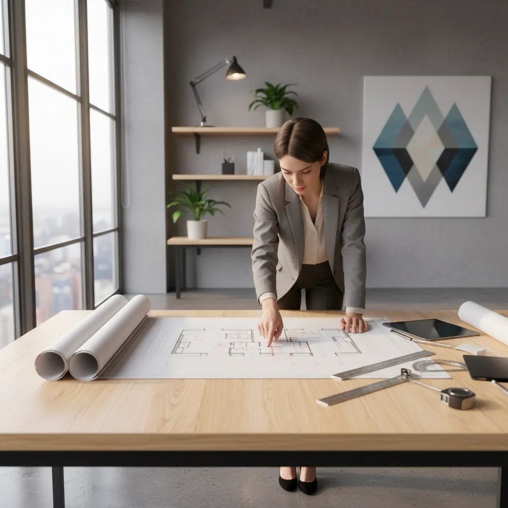 Plano de distribución de vivienda con diseñador señalando zonas del espacio