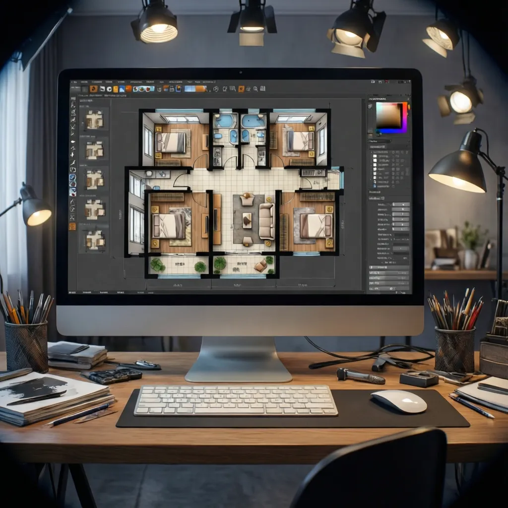 Pantalla mostrando plano de distribución de vivienda con diferentes configuraciones de muebles