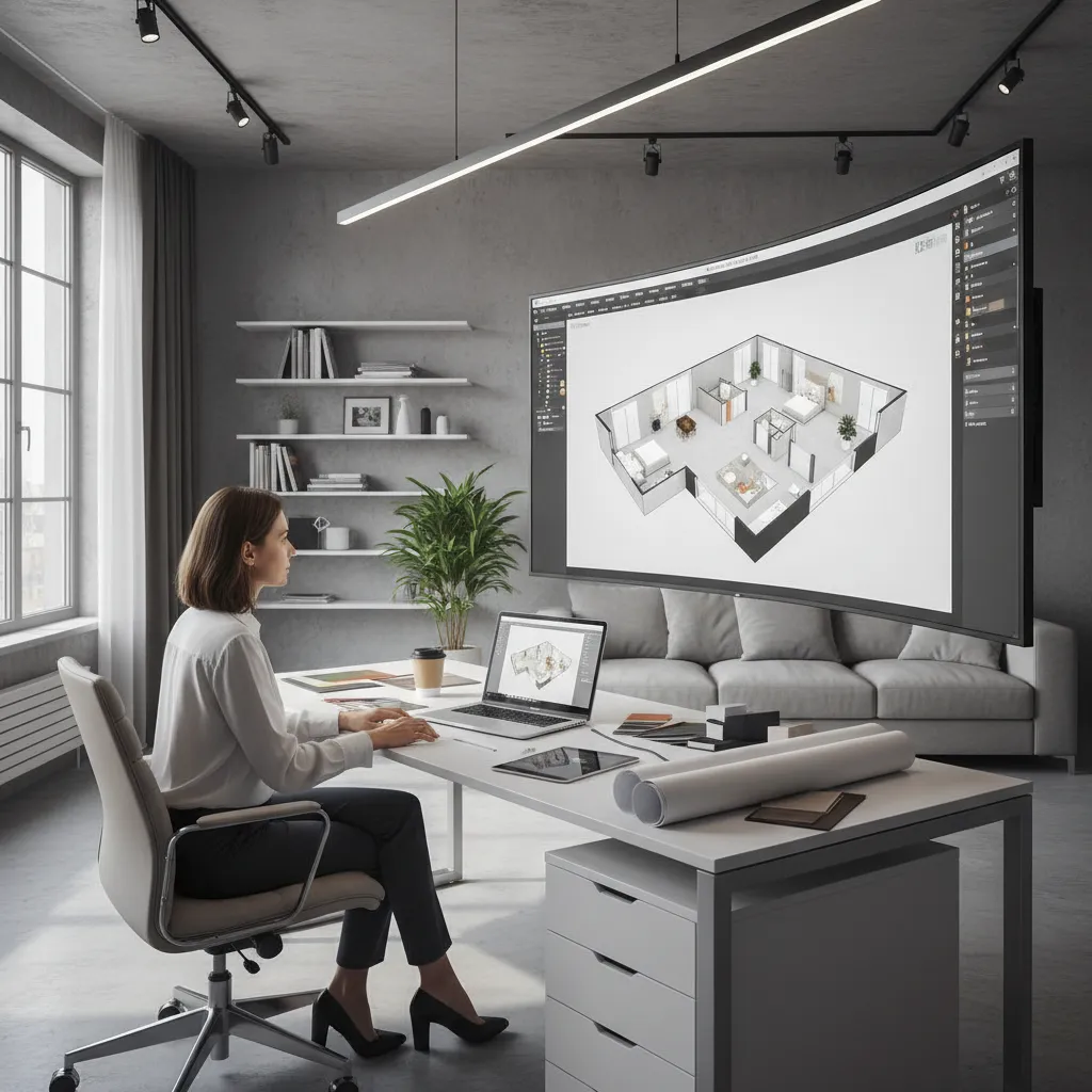 Diseñador trabajando en la distribución de un apartamento usando planos y software 3D