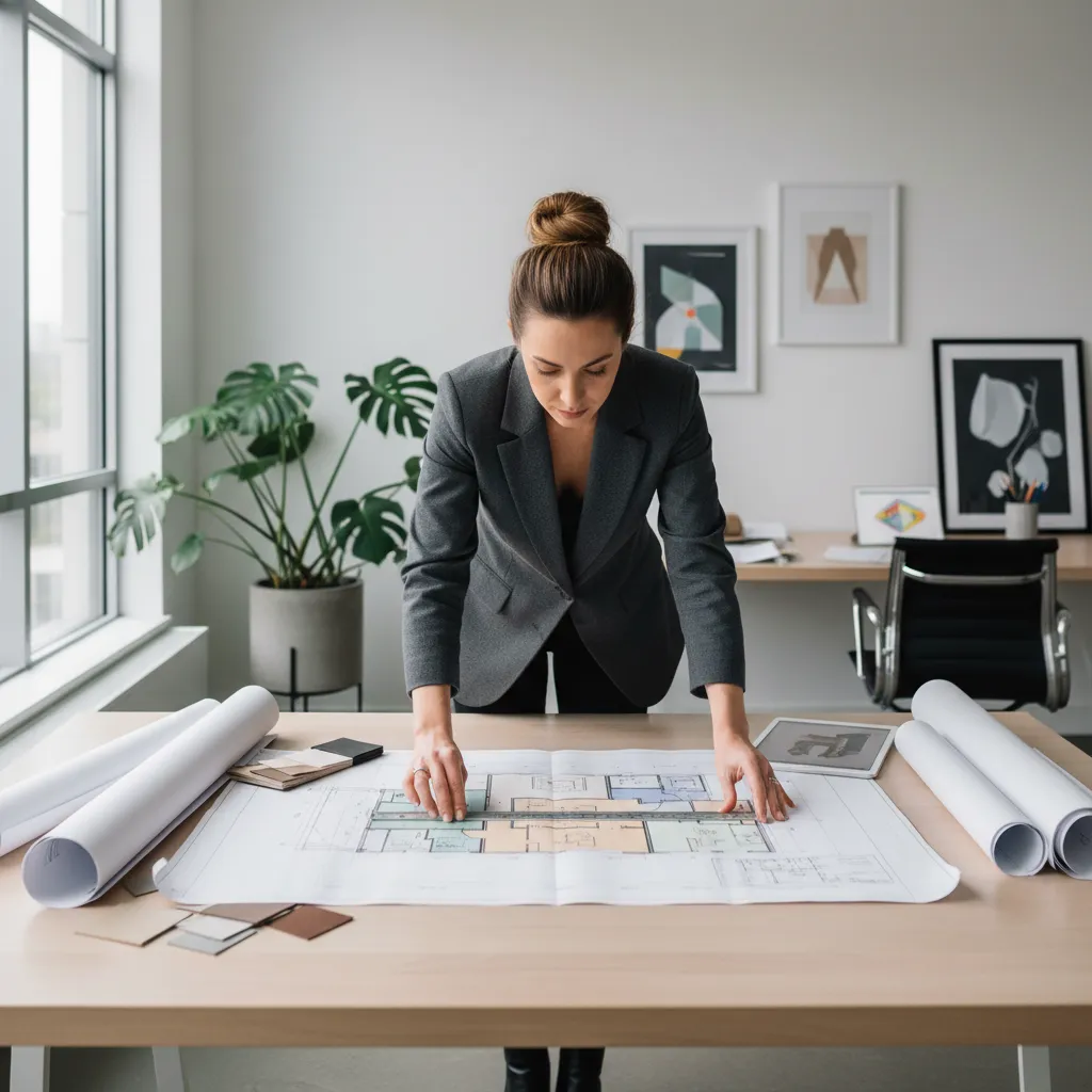 diseñador revisando planos de distribución de un apartamento