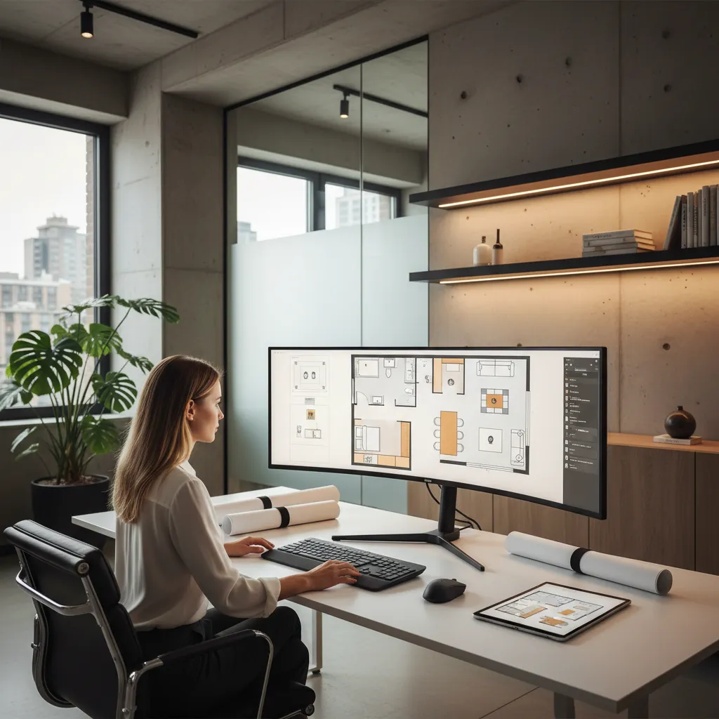 Woman working on a large screen displaying a room layout design in a modern office