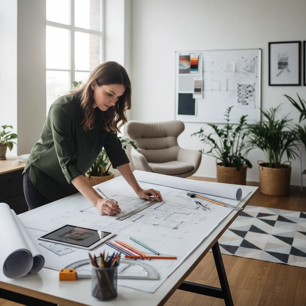 Female designer drawing a room layout plan with a ruler on a large white table