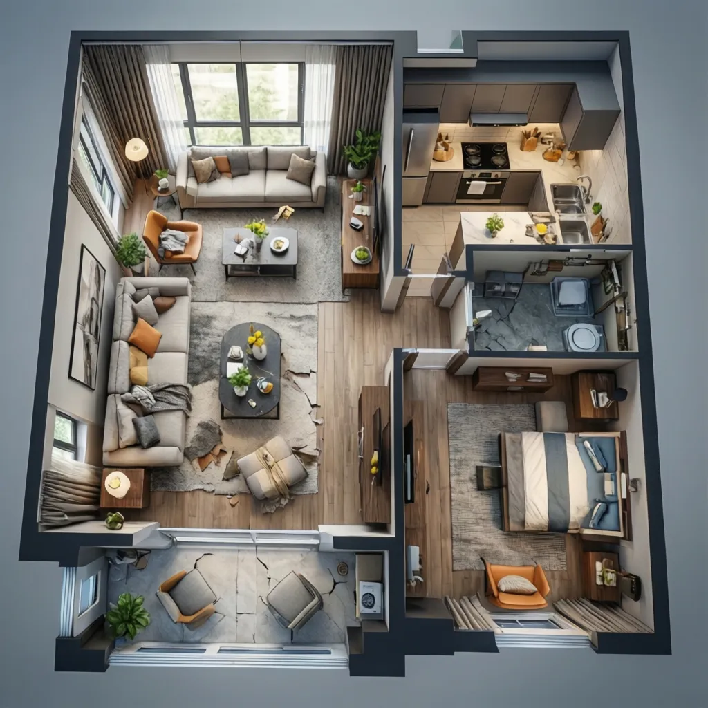 Visualización 3D de distribución de una vivienda moderna