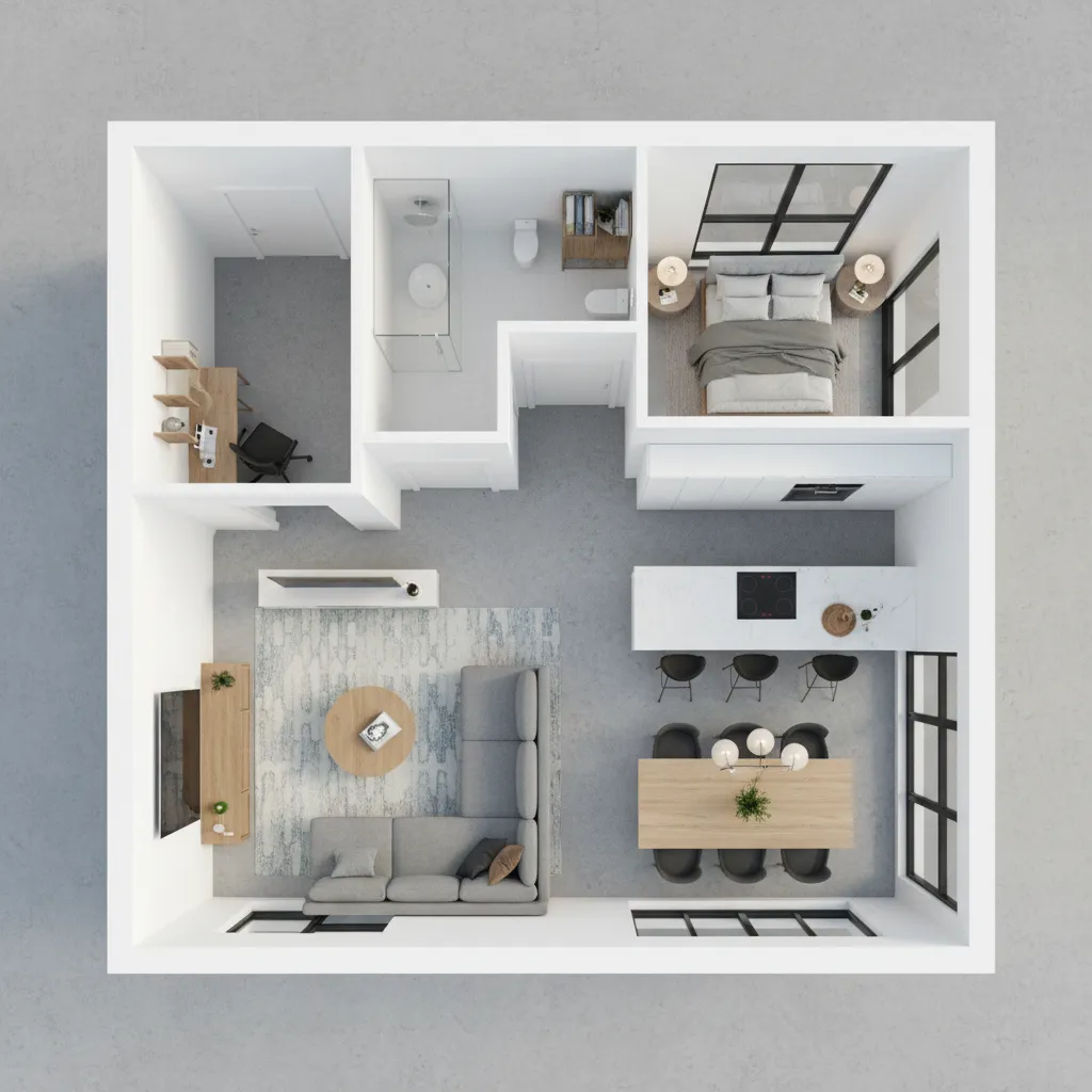 visualización 3D de distribución interior de un apartamento