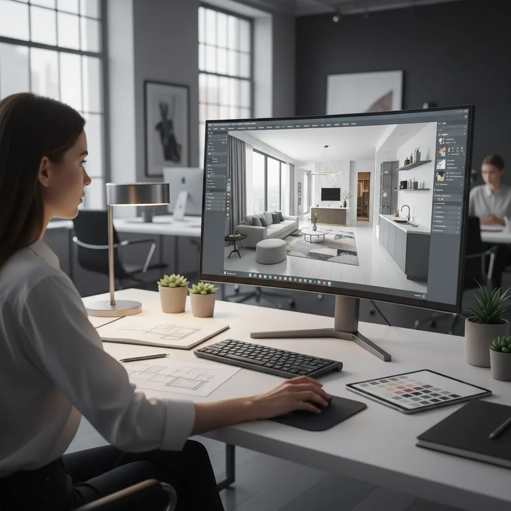 Diseñador trabajando con un modelo 3D de un apartamento en una computadora