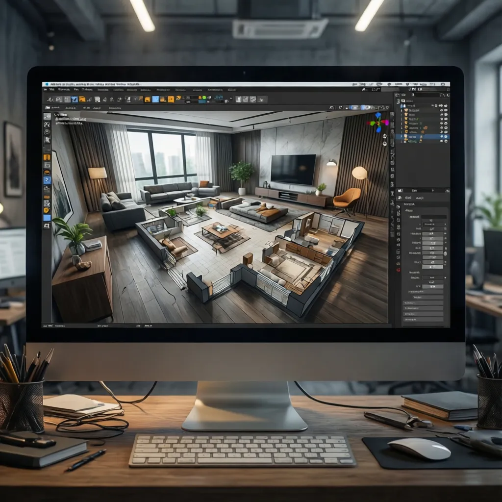 Pantalla de ordenador mostrando planificación 3D de una vivienda