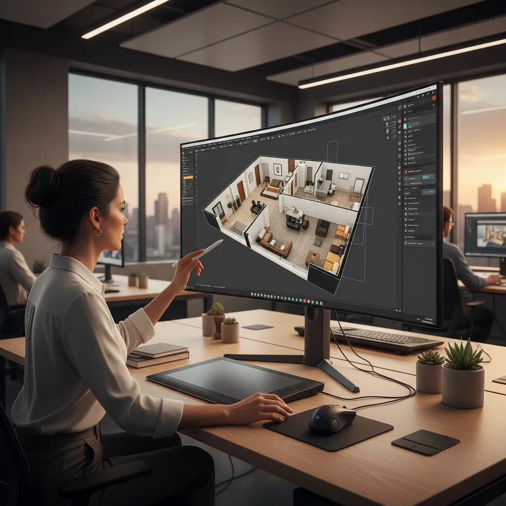 Diseñador revisando un plano 3D de distribución interior en ordenador