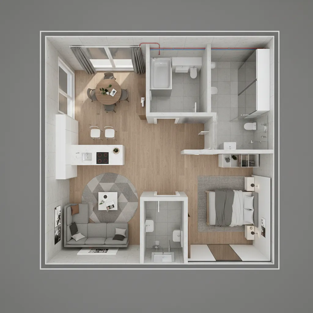 Visualización 3D de la distribución de un apartamento pequeño
