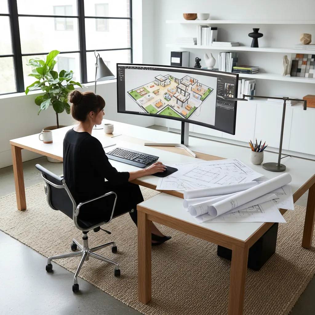 Woman working on 3D house interior design drawing using wide monitor and paper floor plans