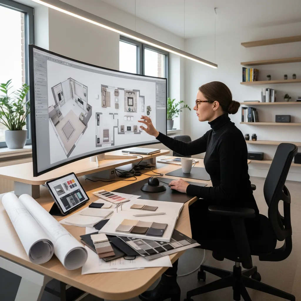 diseñador creando distribución de espacio en software 3D