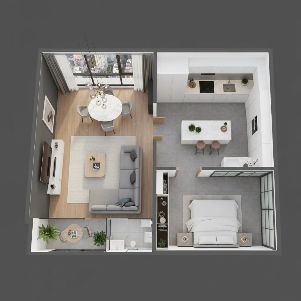 visualización 3D de distribución de vivienda antes del diseño final
