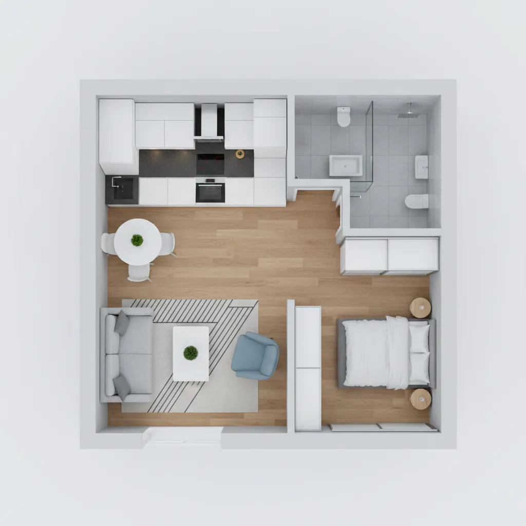 Visualización 3D de distribución de muebles en un apartamento