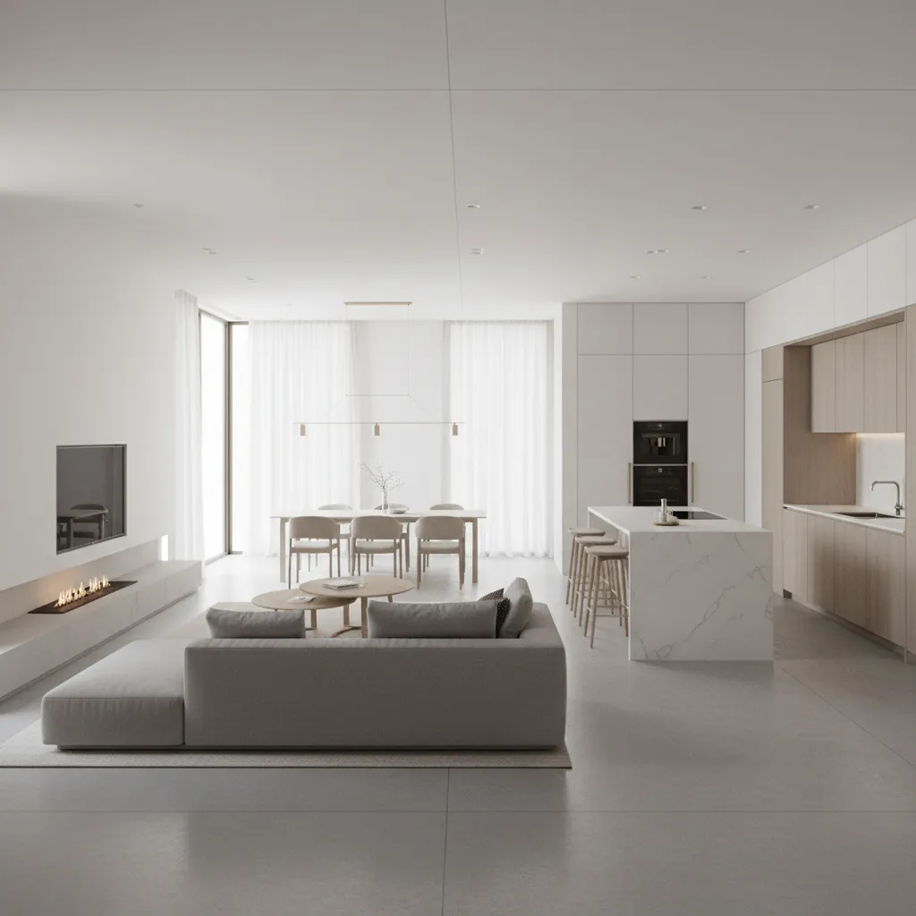 Plano 3D de salón y cocina abierta mostrando distribución del mobiliario