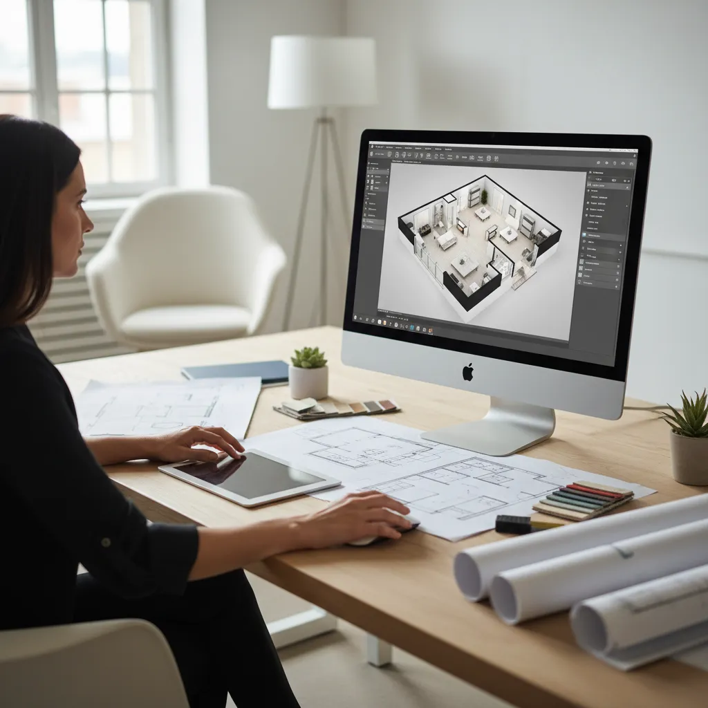Diseñador trabajando en planificación 3D de un apartamento