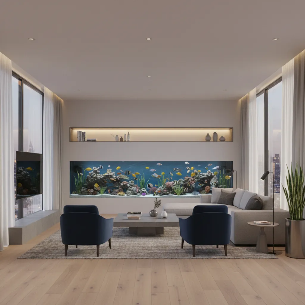 Visualización digital de una sala con acuario grande planificado en el diseño