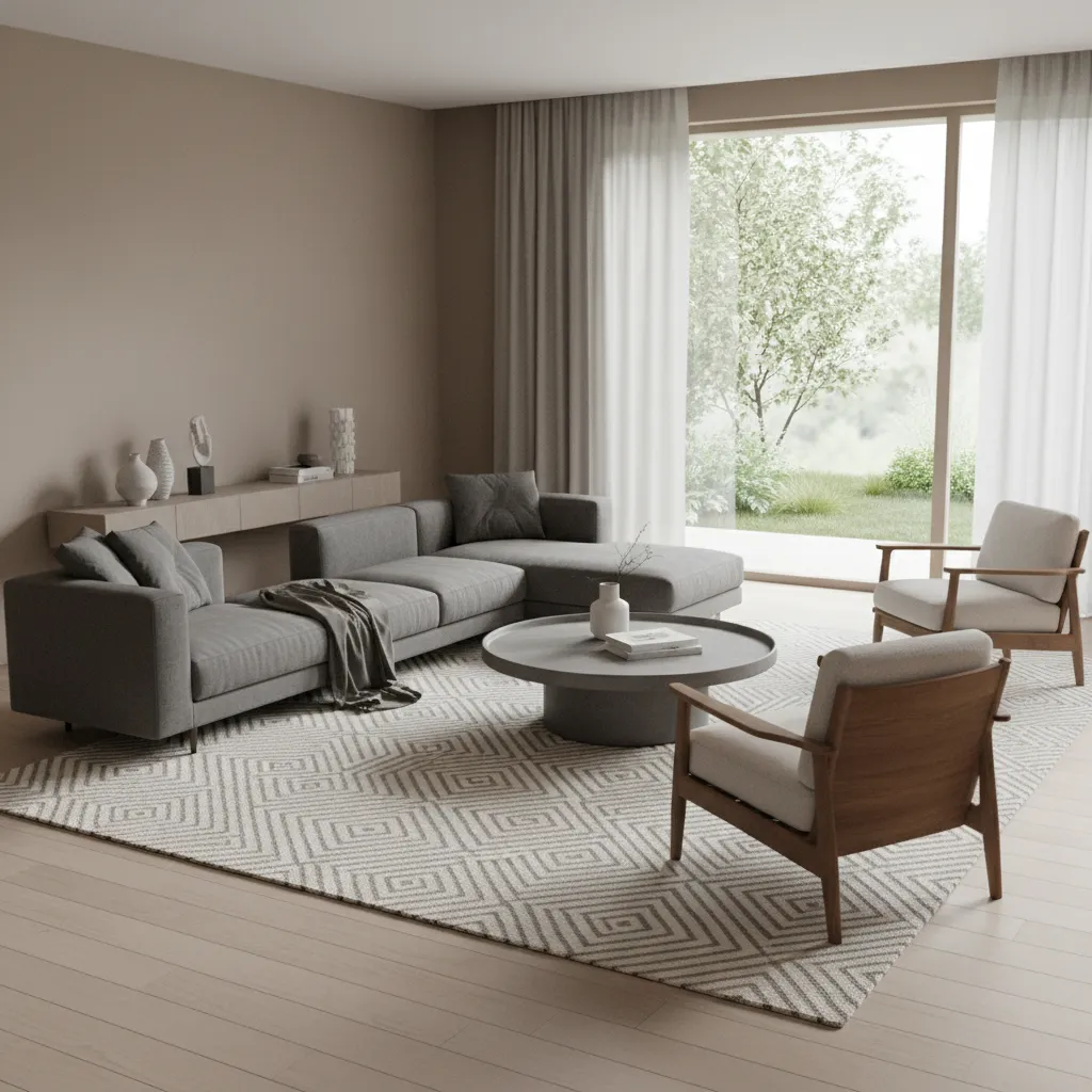 Modern living room with grey sofa, geometric rug, wooden armchairs, round coffee table and curtains