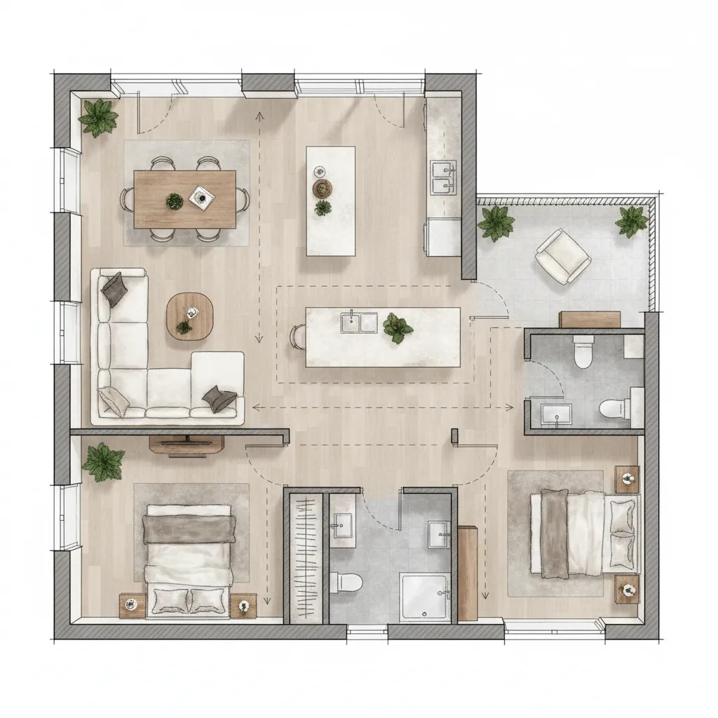 Plano de casa con muebles mostrando flujo de circulación