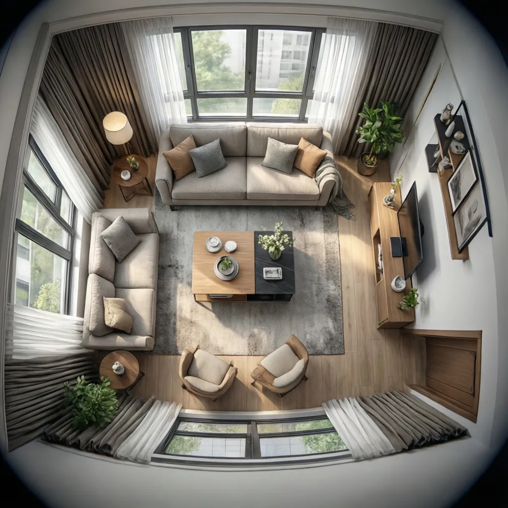 Plano de distribución de un salón pequeño con muebles bien organizados