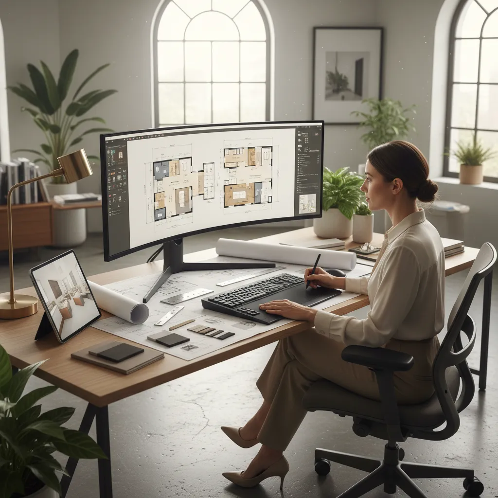 Diseñador trabajando en plano digital de distribución de espacio comercial