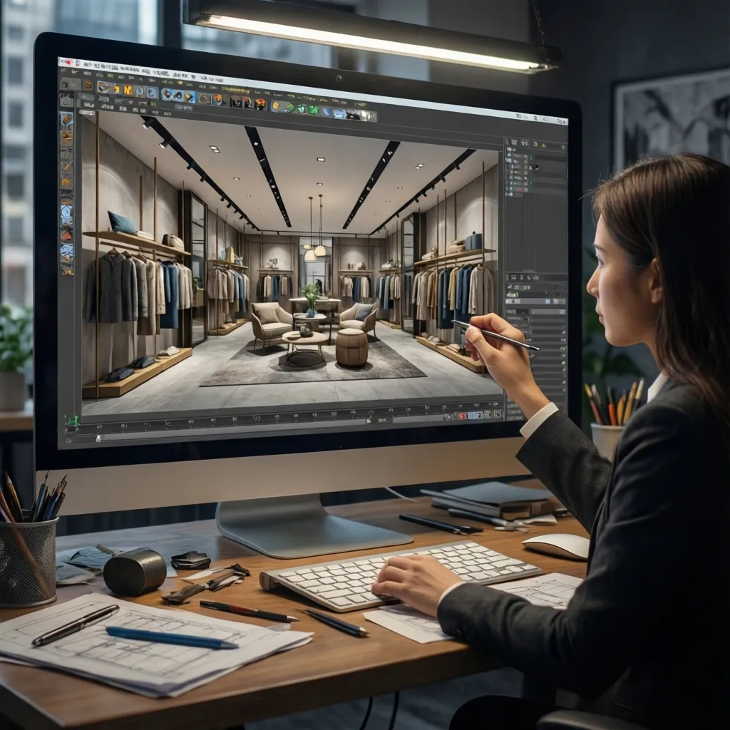 Diseñador revisando el layout digital de un comercio en ordenador