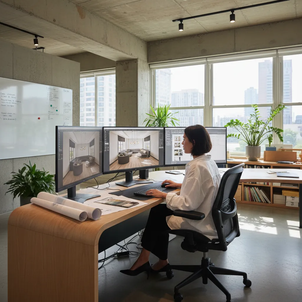 Designer sitting at desk with three monitors showing living room layout designs and city view