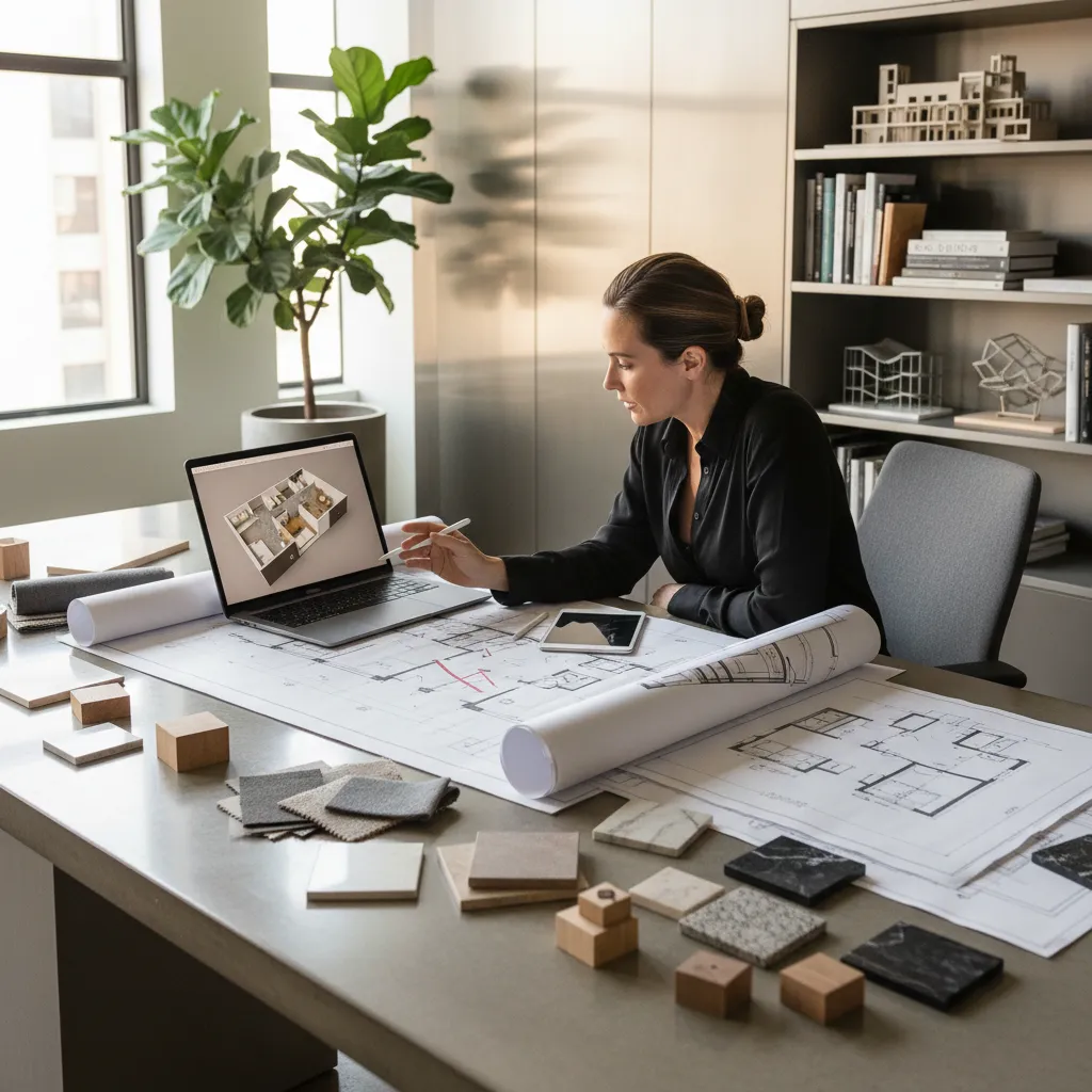 Diseñador revisando distribución de un apartamento en planos y pantalla 3D