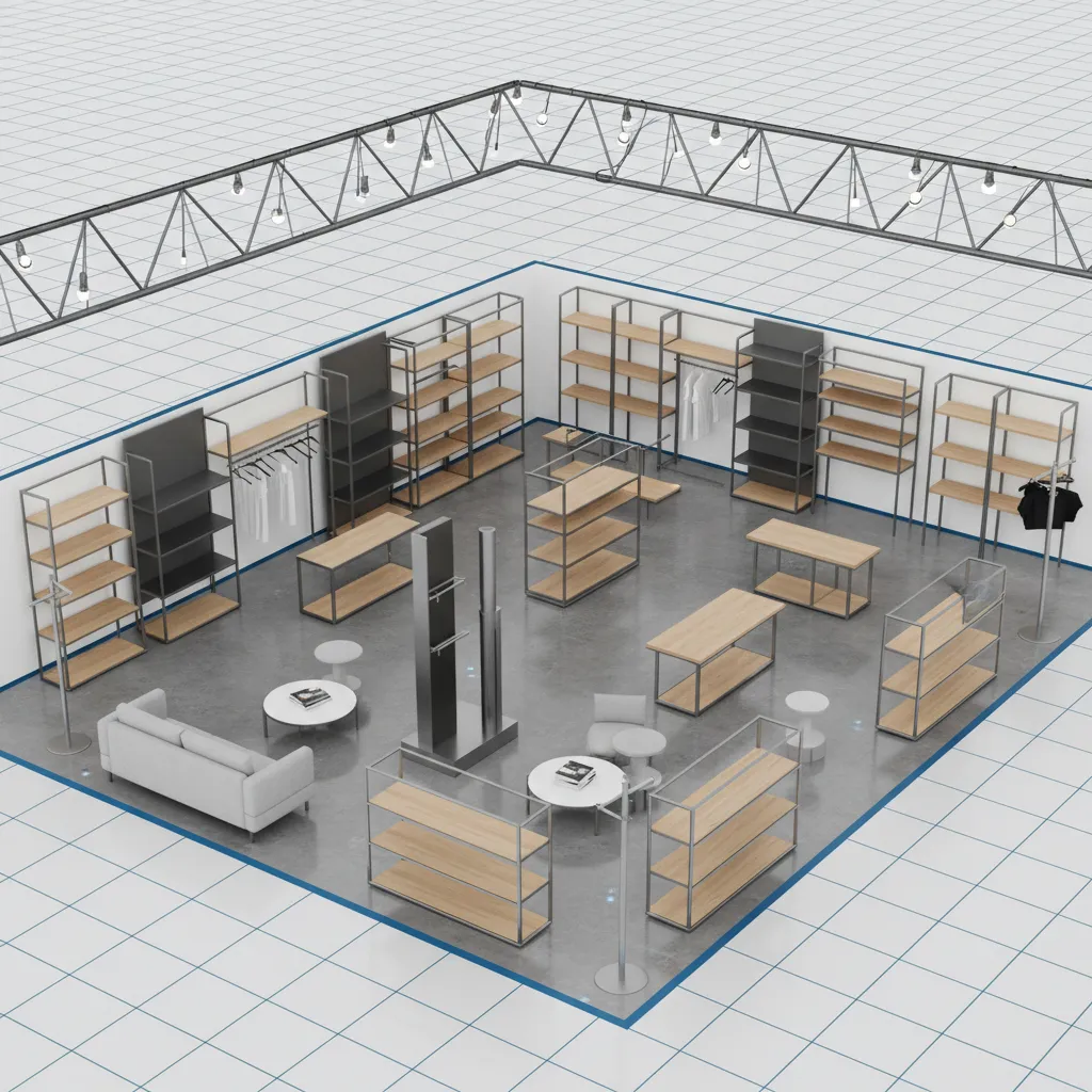 Interior design drawing showing a retail store layout with wooden shelves sofa and ceiling lights