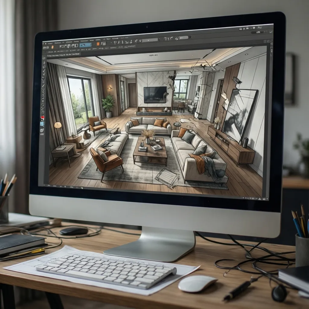 pantalla mostrando planificacion de sala con distribucion de muebles