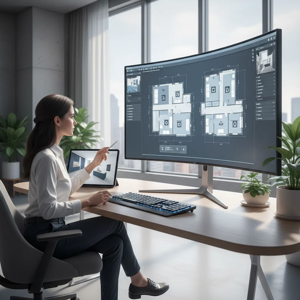 Diseñador planificando distribución de muebles en plano digital