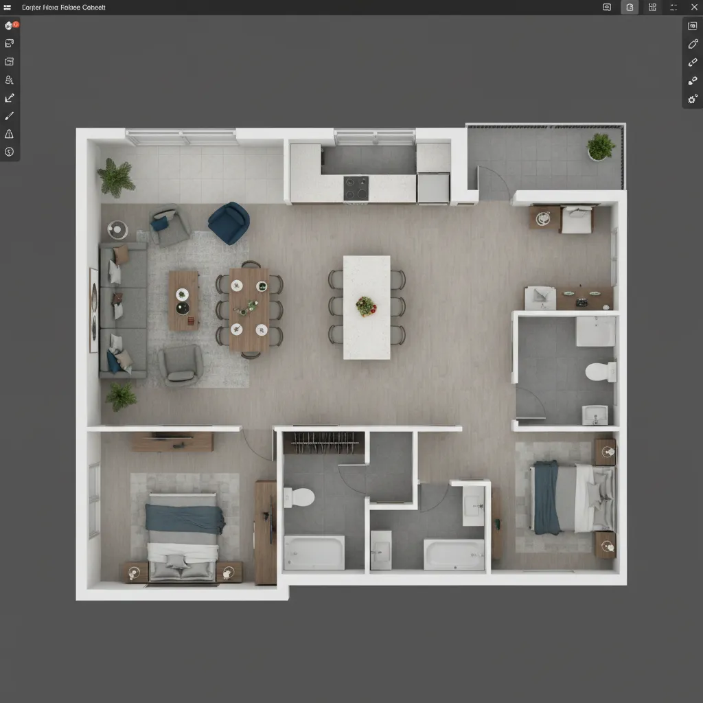 Plano digital de un apartamento con distribución de muebles